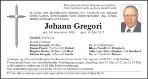 Traueranzeige Johann Gregori