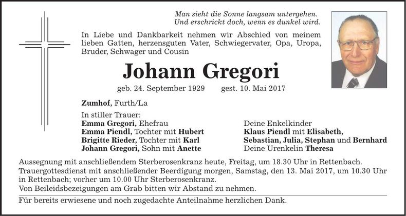 Traueranzeige Johann Gregori