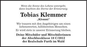 Traueranzeige Tobias Klemmer