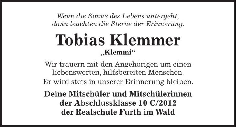 Traueranzeige Tobias Klemmer