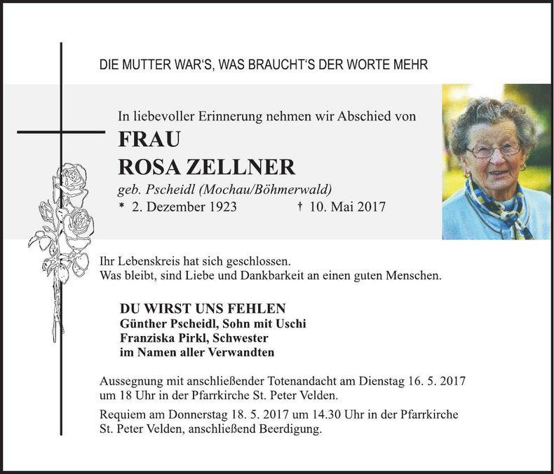 Traueranzeige Rosa Zellner