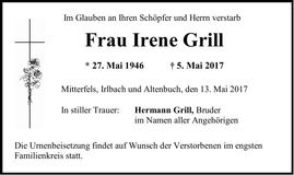 Traueranzeige Irene Grill