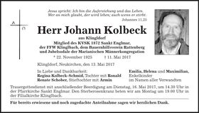 Traueranzeige Johann Kolbeck