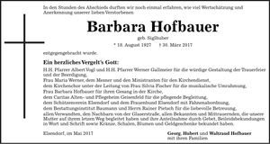 Traueranzeige Barbara Hofbauer