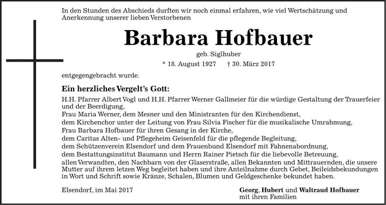 Traueranzeige Barbara Hofbauer