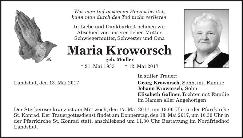 Traueranzeige Maria Kroworsch