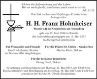Traueranzeige Franz Hohnheiser