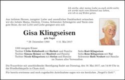 Traueranzeige Gisa Klingseisen