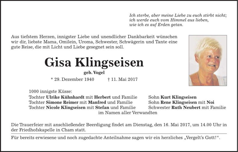 Traueranzeige Gisa Klingseisen