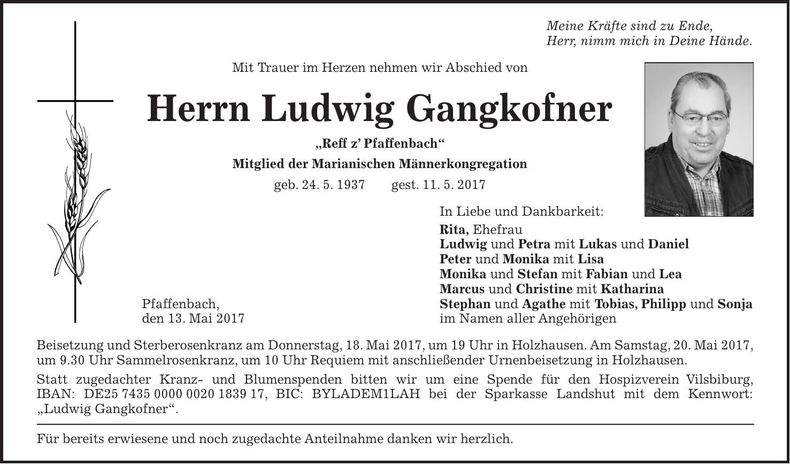 Traueranzeige Ludwig Gangkofner