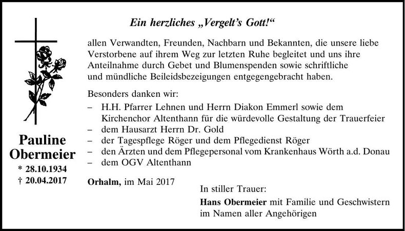 Traueranzeige Pauline Obermeier