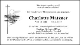 Traueranzeige Charlotte Matzner