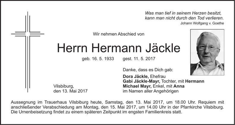 Traueranzeige Hermann Jäckle