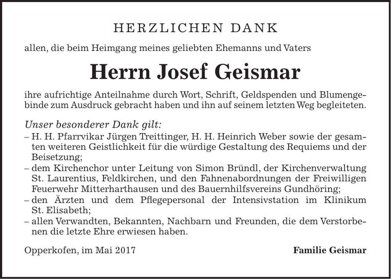 Traueranzeige Josef Geismar