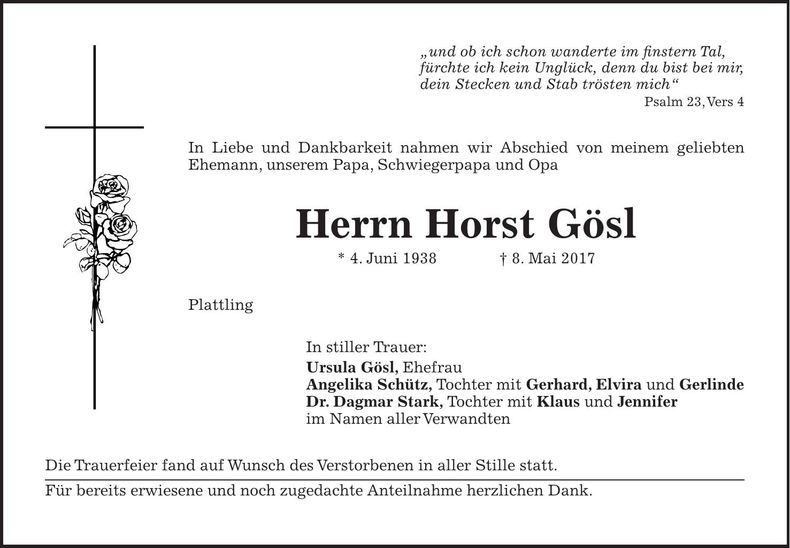 Traueranzeige Horst Gösl