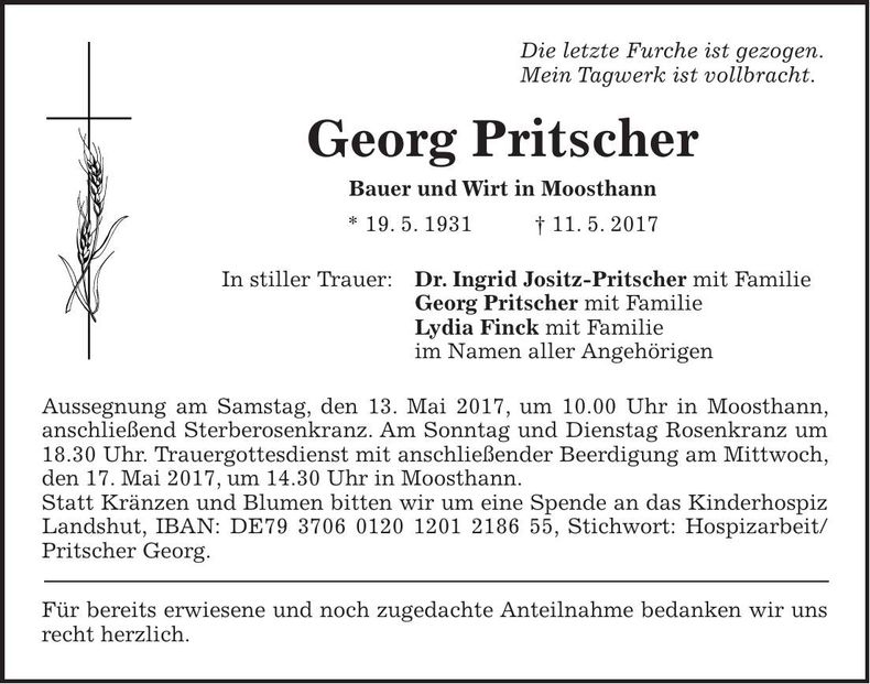 Traueranzeige Georg Pritscher