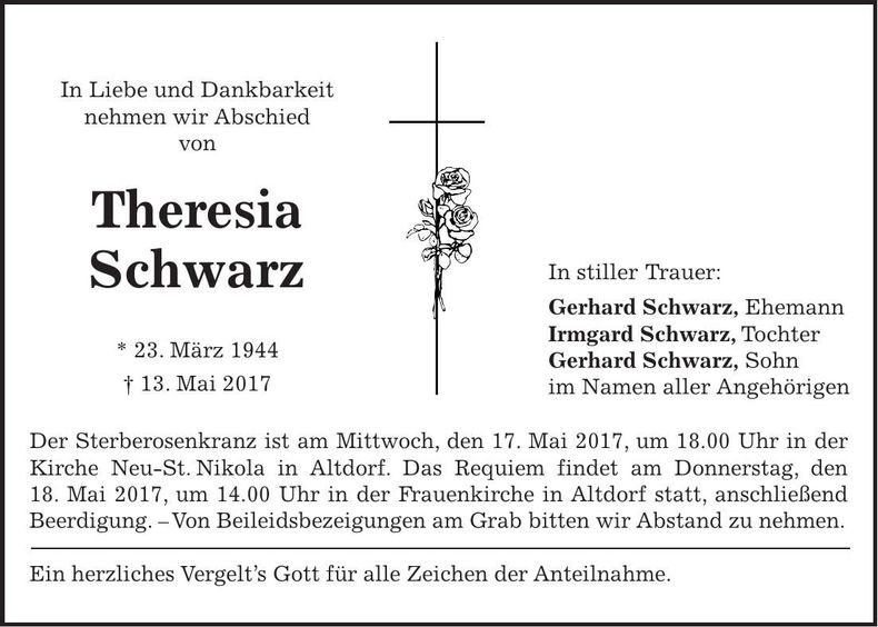 Traueranzeige Theresia Schwarz