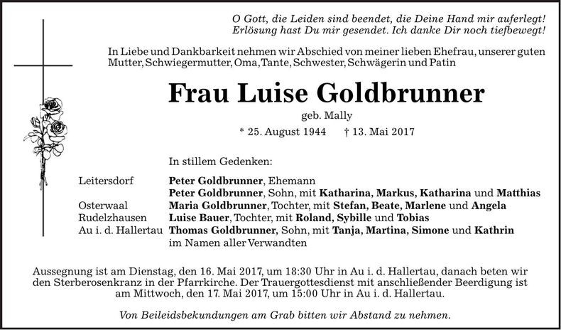 Traueranzeige Luise Goldbrunner