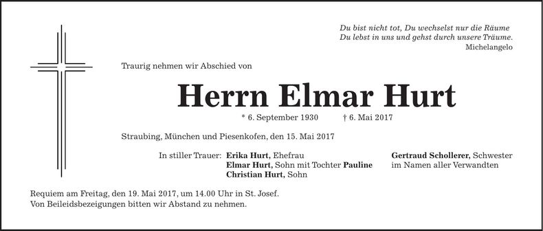 Traueranzeige Elmar Hurt
