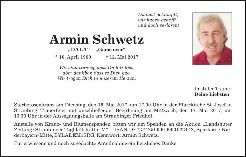 Traueranzeige Armin Schwetz
