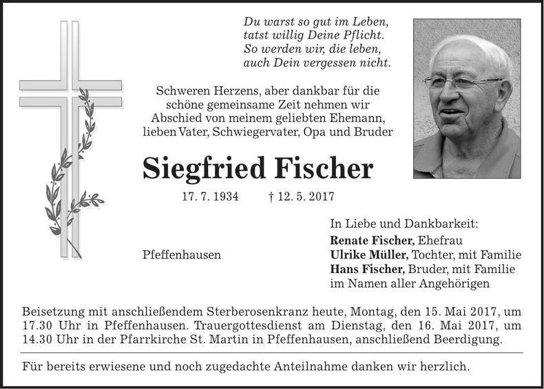 Traueranzeige Siegfried Fischer
