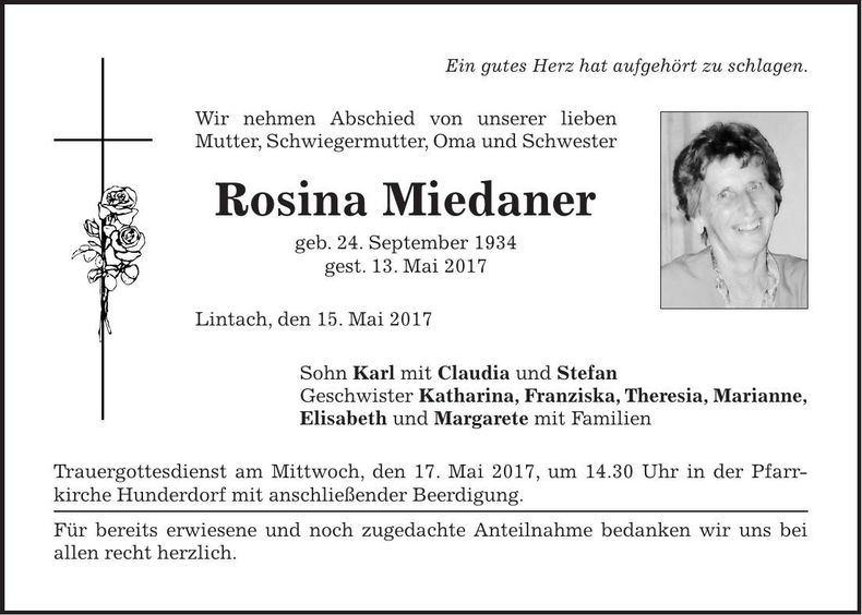 Traueranzeige Rosina Miedaner