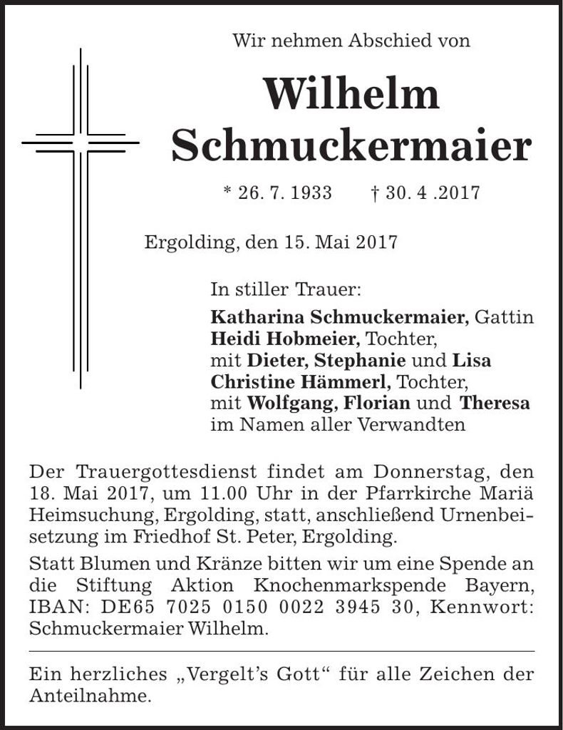 Traueranzeige Wilhelm Schmuckermaier