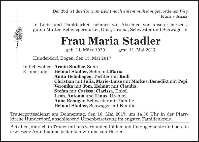 Traueranzeige Maria Stadler