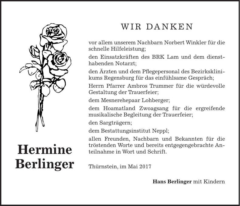 Traueranzeige Hermine Berlinger