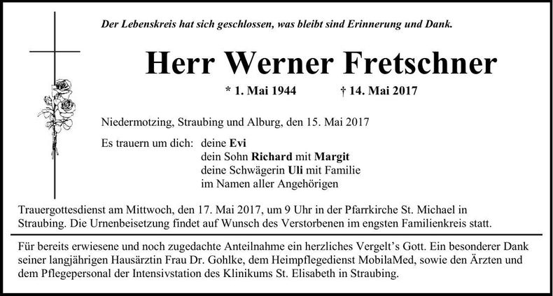 Traueranzeige Werner Fretschner