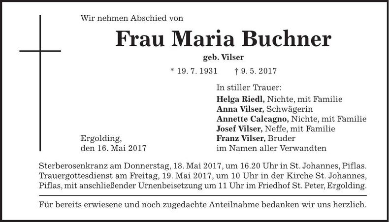 Traueranzeige Maria Buchner