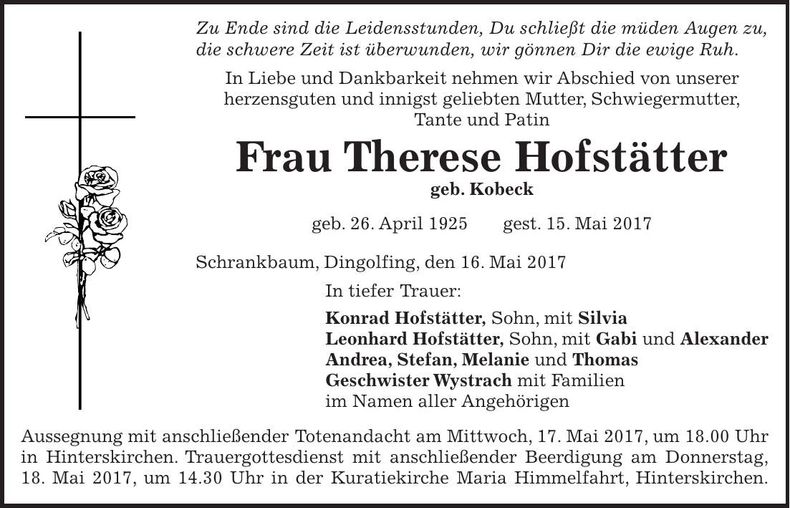 Traueranzeige Therese Hofstätter