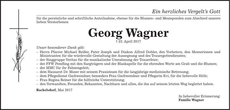 Traueranzeige Georg Wagner