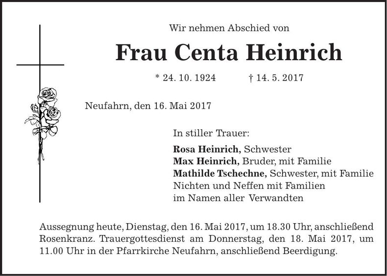 Traueranzeige Centa Heinrich