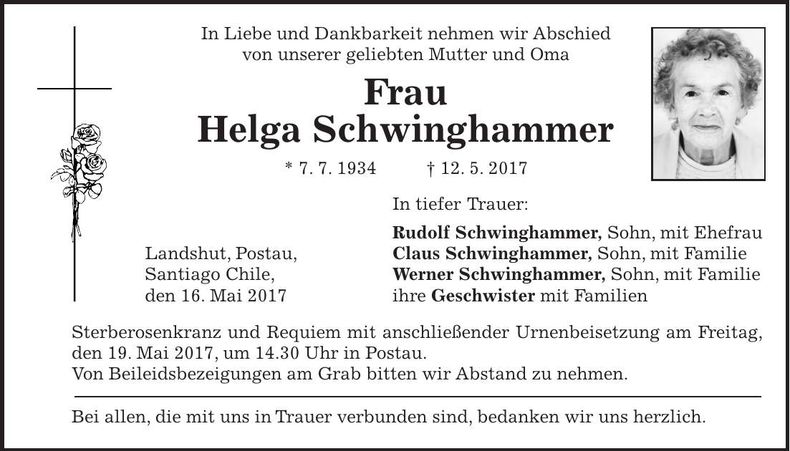 Traueranzeige Helga Schwinghammer