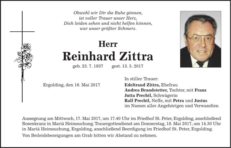 Traueranzeige Reinhard Zittra