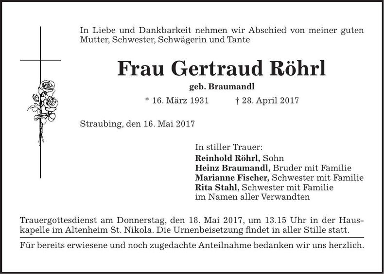 Traueranzeige Gertraud Röhrl