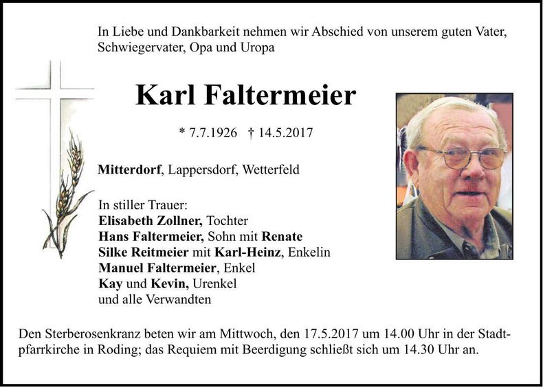 Traueranzeige Karl Faltermeier
