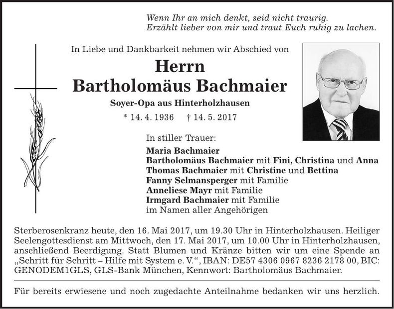 Traueranzeige Bartholomäus Bachmaier