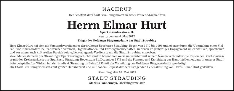 Traueranzeige Elmar Hurt