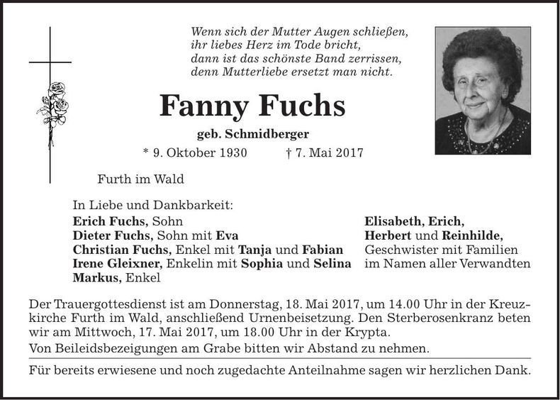 Traueranzeige Fanny Fuchs