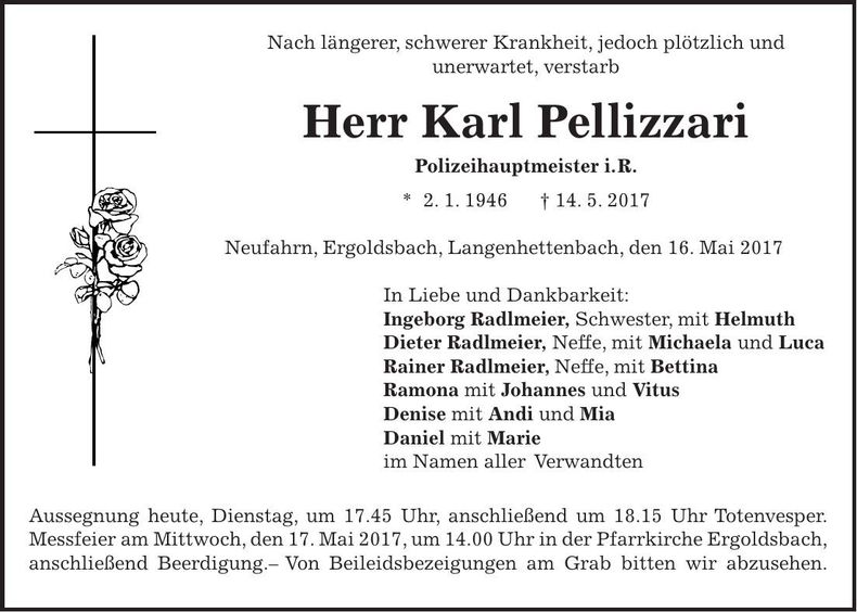 Traueranzeige Karl Pellizzari