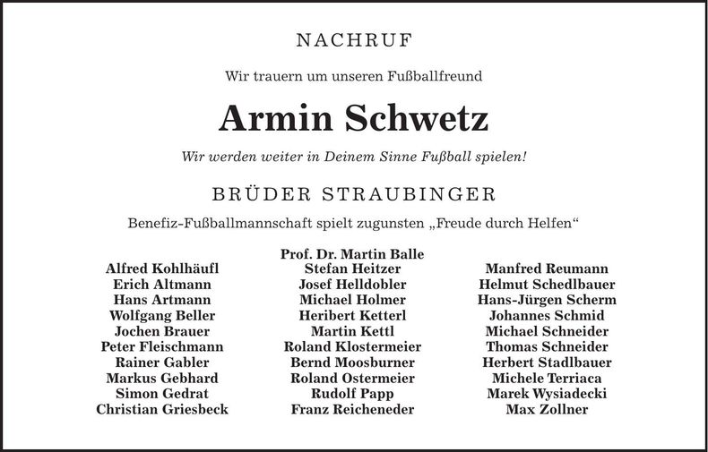 Traueranzeige Armin Schwetz