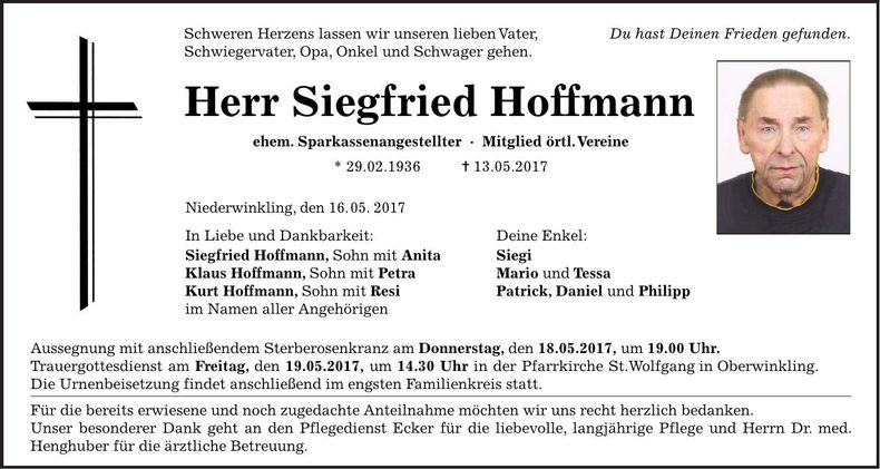 Traueranzeige Hoffmann Siegfried