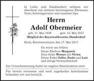 Traueranzeige Adolf Obermeier