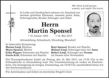 Traueranzeige Martin Sponsel