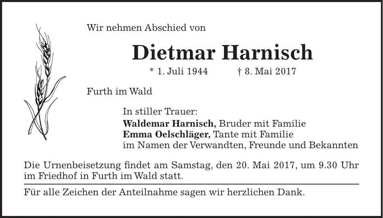 Traueranzeige Dietmar Harnisch