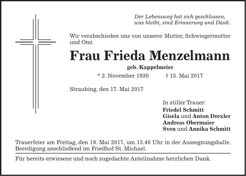 Traueranzeige Frieda Menzelmann