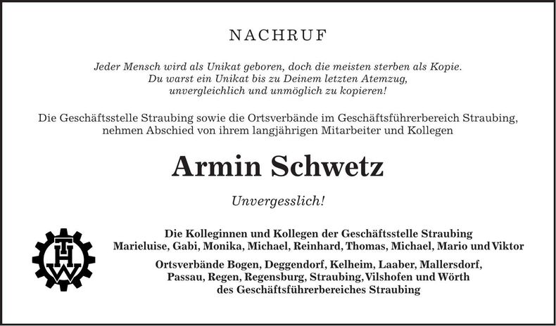 Traueranzeige Armin Schwetz