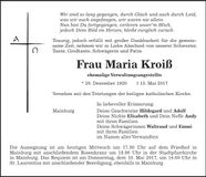 Traueranzeige Maria Kroiß